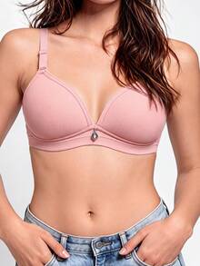 1pc Women's Comfortable Breathable Wireless Soft Cup Solid Color Bra - Pink - View 4