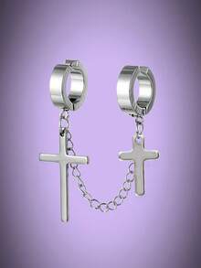 1pc Punk Rock Black Titanium Steel Cross Ear Cuff Earring - Silver - View 4