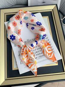 1 pieza Pañuelo de mujer con estampado floral, material de seda sintética, versátil y de moda, se puede usar como tocado o pañuelo, esencial para viajes, toalla de playa - Multicolor - Ver 1
