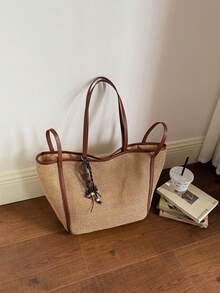 Bolso de tote tejido de paja de moda, bolso de mano casual para la playa, viajes, bolso de cubo de gran capacidad - Marrón - Ver 7