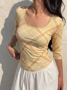 Retro American Style Mesh Plaid Square Collar Cropped Short Sleeve Top, Slim Fit & Sexy For Summer Spring - Khaki - View 4