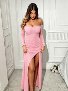 Plus Size Off Shoulder Long Sleeve Dress With Slit And Pearl Details Elegant Fit And Flare Prom Dress For Women Pink - Pink - View 4