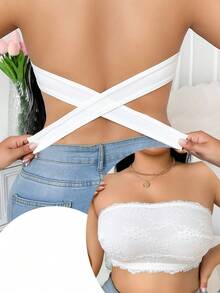 Women's Fashion Lace Patchwork Backless Strapless Tube Top - White - View 2