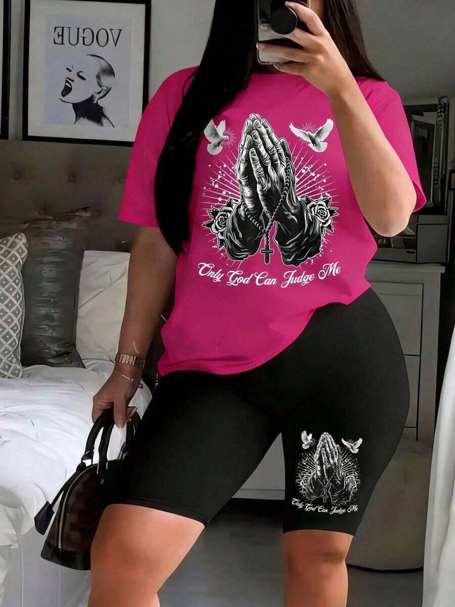 2 Piece Sets Women Fashion God Prays Graphic, Active Wear Women Set Workout, Black Shorts  Graphic Tees Women, Curve Plus Tops, Outdoor, Running, Summer Outfits For Women, Beach Vacation Outfits Woman - Hồng - Xem 1