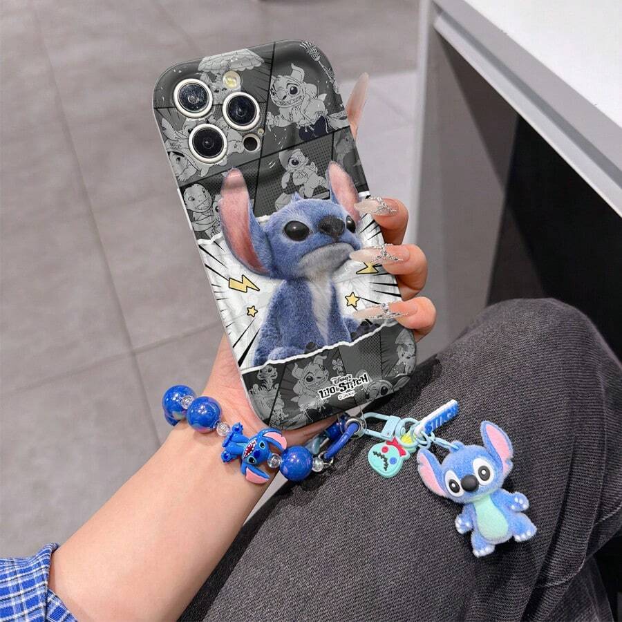 Disney Has Authorized, Phone Case - Chain Set, The Stitch Lilo & Stitch Phone Case Plus A Silicone 3D Or Fluffy Style Stitch Bracelet With Metallic Ring Removable Bracelet, Stitch And Angel Pattern, Compatible With Iphone 17/16/15/14/13/12/11/XS/XR/X Plus Pro Max, Wavy Design Phone Case For Girl, A Stylish Cartoon Summer Phone Case, The Perfect Gift Choice, Phone Protection, Durable Phone Cover, Great Gift For Friends And Family - 白色款式B - 查看 1