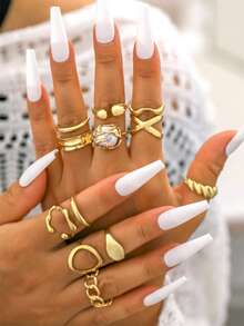 12pcs Asymmetrical Pearl Fashion Rings Set, Suitable For Women's Daily Wear, Dates, Parties, Great Gift For Girlfriend - Gold - View 2