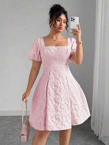 Vestidos elegantes de manga abombada con cuello cuadrado y estampado floral jacquard para mujer de talla grande. Vestidos elegantes, vestidos cortos de mujer para cumpleaños, vestidos de verano para el trabajo y el verano. - Rosa - Ver 5