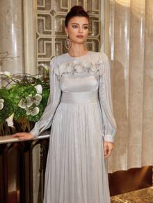 Elegant Women's Long Sleeve Round Neck Dress With Ruffle Trim And Cinched Waist Design - Light Grey - View 6