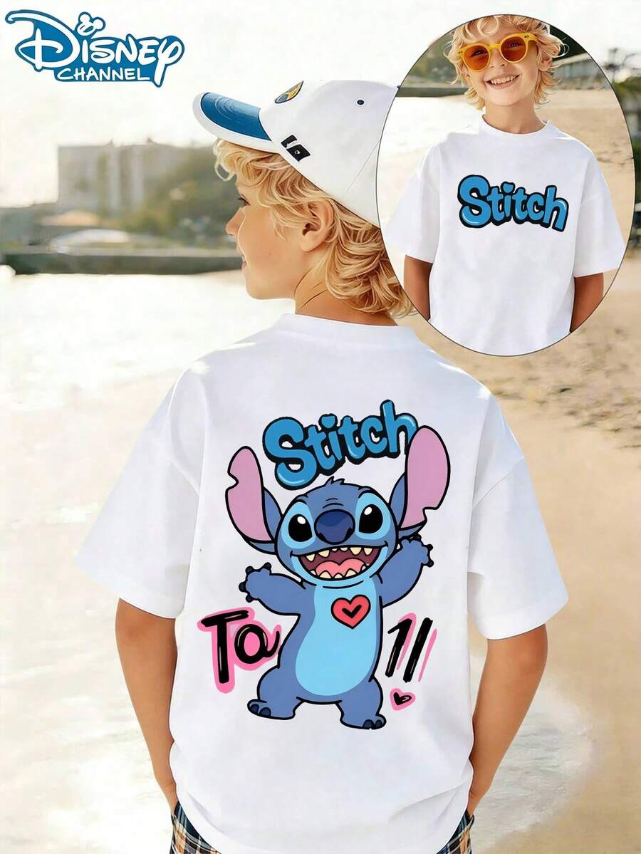 Disney Lilo & Stitch Kids T-Shirt, Double-Sided Print Cotton Short Sleeve, Boys Girls Casual Summer Top - 白色 - 查看 1