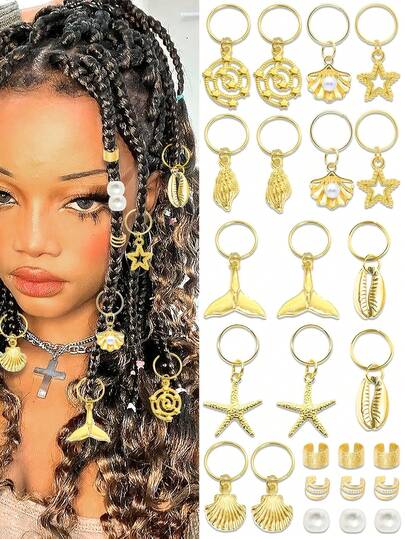 50Pcs Gold Starfish Shell Hair Jewelry Gold Hair Cuffs For Braids Pearl Hair Rings Loc Beads Dreadlock Braids Accessories Festival Jewelry Decorations For Women