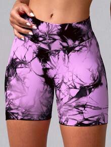 NcmRyu 1pc Women High Waist Seamless Elastic Tie-Dye Sports Fitted Shorts - Pink - View 4