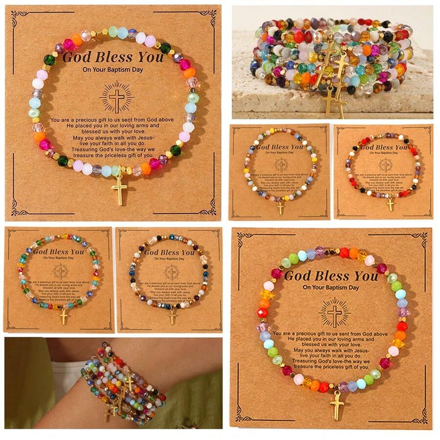 1 pieza Nuevo brazalete de moda con cristales de colores mixtos y cuentas, chapado al vacío, regalo exquisito para mujeres y niñas, regalo de Pascua, viene con tarjeta de bendición, excelente para mejores amigas