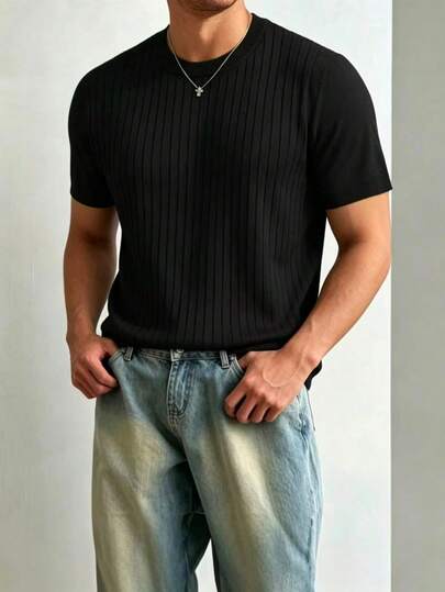 Men's Solid Color Round Neck Short Sleeve Minimalist Sweater, Casual Daily Wear