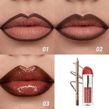 YOUNG VISION 1 Piece Glossy Moisturizing Lip Gloss & 1 Piece Matte Pointed Lip Liner Pencil In Brown Shades, Versatile Makeup For Daily, Travel, Party, Work, School, Commute - 彩色 - 查看 3