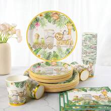 丛林探险动物火车一次性餐具套装，9英寸和7英寸纸盘，9盎司纸杯，餐巾纸组合，水彩狮子长颈鹿大象猴子热带棕榈印花餐具套装，适用于丛林主题派对、探险庆典、热带聚会、后院烧烤、野餐、自然主题派对、花园派对 - 多色 - 查看 3