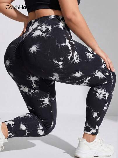 大码女式高腰扎染瑜伽裤，高弹不透紧身运动紧身裤，夏季休闲跑步健身户外旅行服装
