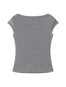 女款夏季短袖 T-shirt，設計感船領修身優雅灰色針織上衣，休閒風格 - 花灰色 - 查看 9