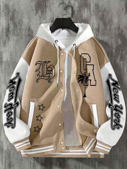 Men'S Casual Versatile Fashion GA Palm Tree New York LAS Star Print Baseball Jacket (Without Inner Hoodie)-1