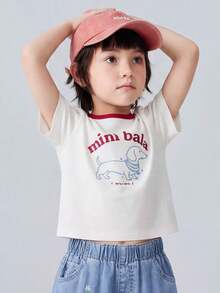 mini bala 女童短袖T恤，弹力棉材质，透气抗菌，可爱动物印花，2026夏季休闲日常上衣 - 珍珠白 - 查看 3