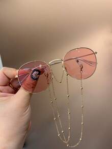 1 Pair Vintage Round Metal Frame Glasses With Gold Ball Chain, Suitable For Boys And Girls, Ideal For Festivals, Costume Parties, Outdoor Travel, Beach Vacations, Photography Props, Daily Wear Decoration, Performances, And An Excellent Gift For Children - Multicolor - View 1