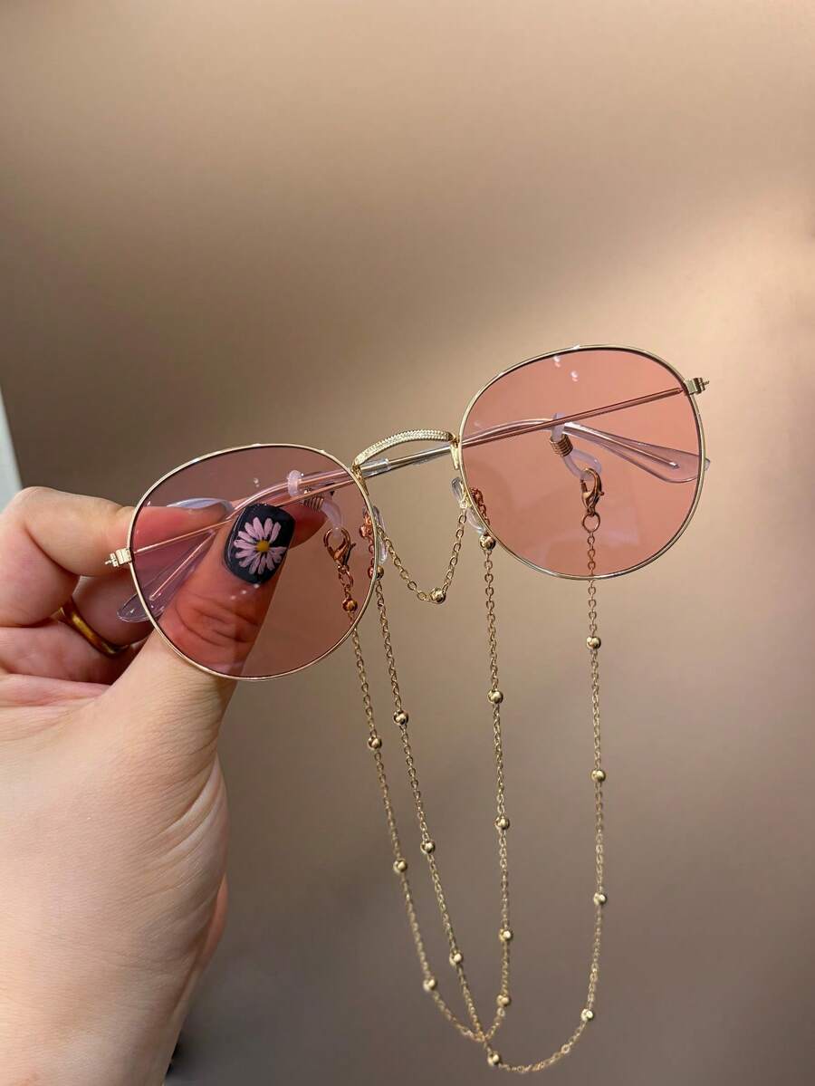 1 Pair Vintage Round Metal Frame Glasses With Gold Ball Chain, Suitable For Boys And Girls, Ideal For Festivals, Costume Parties, Outdoor Travel, Beach Vacations, Photography Props, Daily Wear Decoration, Performances, And An Excellent Gift For Children - Multicolor - View 1