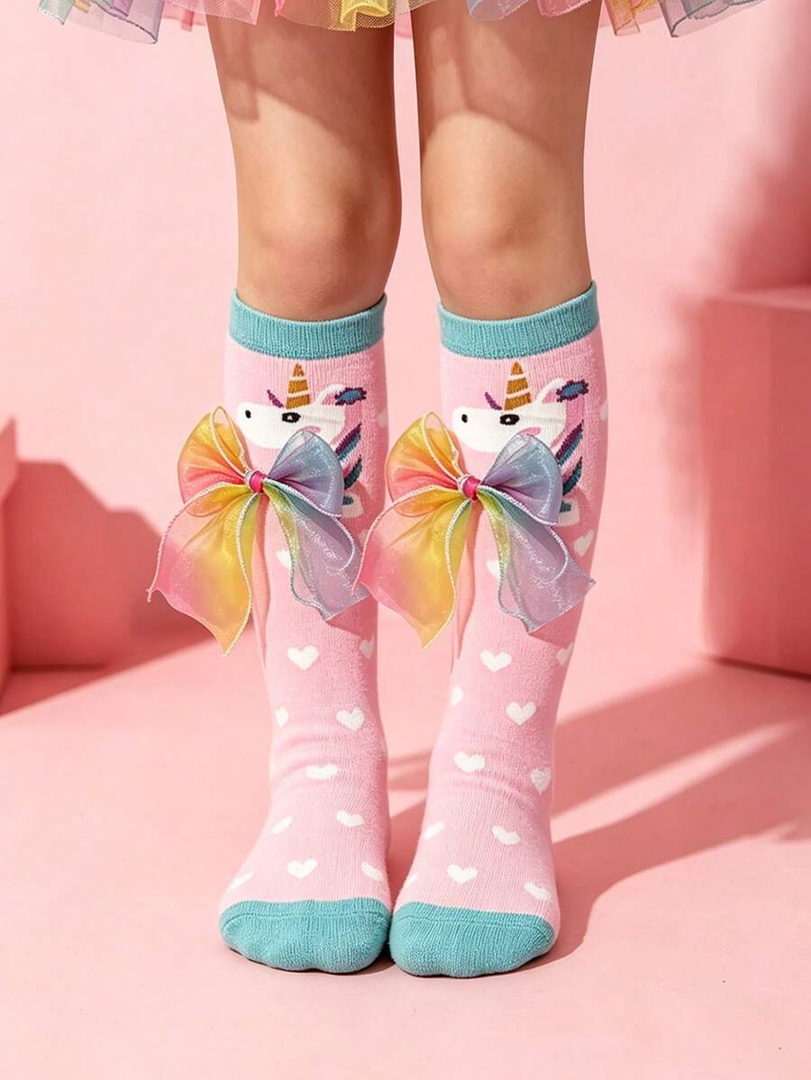 1 Pair Girls' Sweet Cute Rainbow Bow Decor Calf Socks, Cartoon Pony Pattern Design Girls' Mid-Calf Socks, Suitable For Girls In Spring, Autumn And Transitional Seasons, Versatile Design Girls' Student Socks - Multicolor - View 1