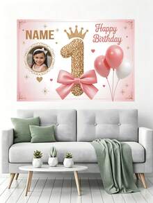 Customizable Name Photo 1st Birthday Backdrop With Pink And Blue Balloons, Flowers, Gold Glitter, Crown, Hearts, Bows, And Ribbons, 1st Birthday Parties, Baby Showers, Birthday Gifts, Cake Table Backdrop, Photo Banner, Vinyl, Celebration Decor - Multicolor - View 8
