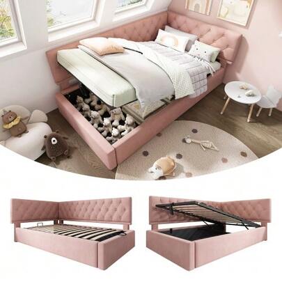 Upholstered Bed Daybed 90x200cm, Sofa Bed With Hydraulic Storage, Children's Bed Youth Bed Bed Frame With Slatted Base Made Of Wood, Velvet, Pink, Without Mattress.