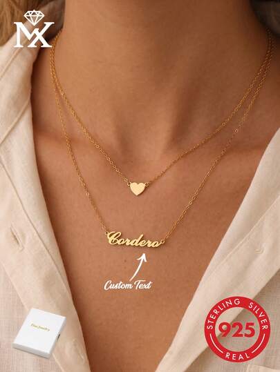925 Sterling Silver Personalized Heart-Shaped Name Necklace, Customized Jewelry Pendant, Suitable For Daily Wear, Holiday Gift For Couples, Mothers, Friends, Silver, Fashionable, Colorful, Retro, Minimalist, Unisex, Casual, Cute, Customized, Personalized, Unique, Ideal Gift For Him, Ideal Gift For Her