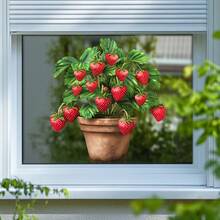 1pc Strawberry Potted Plant Window Sticker, Cute Strawberry Greenery Glass Decal, Self-Adhesive Removable No Residue - Multicolor - View 5