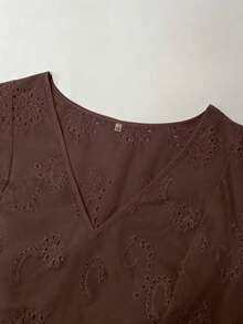 Solid Color Hollow Out V-Neck Lace Blouse, Comfortable Plus Size Short Sleeve Shirt, Regular Fit V-Neck Embroidered Sheer Top Vacation - Coffee Brown - View 3