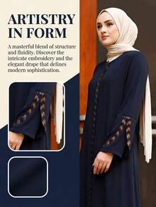 Abaya nera a maniche lunghe con collo tondo, in tessuto lavorato, con tasche con strisce dorate, per la primavera - Blu Navy - Visualizzare 5
