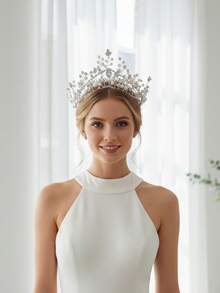 1PC Handmade Royal Style Cluster Faux Pearl Tiara, Elegant Silver Leaf & Rhinestone Wedding Crown, 3.54 Inch High Puffy Headband With Hair Combs For Brides & Prom,Handmade Floral Bridal Tiara With Faux Pearls & Rhinestones, Elegant White Flower Wedding Hair Comb, Romantic Hair Accessories For Brides And Bridesmaids,Festival,Birthday - Silver - View 8