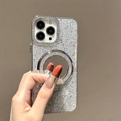 Ốp lưng điện thoại tích hợp gương soi, viền camera đính đá lấp lánh, chống trầy xước, trong suốt, phù hợp với 17 Pro Max/17 Pro/17/Air/16 Pro/15/14/13/12/11 Series, giúp xem phim và trang điểm rảnh tay.