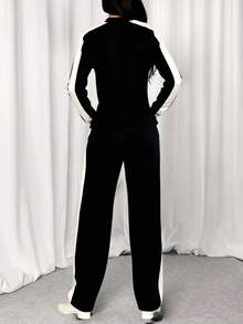 Conjunto de dos piezas para mujer, top de manga larga y pantalón, estilo casual y versátil. - Negro - Ver 1