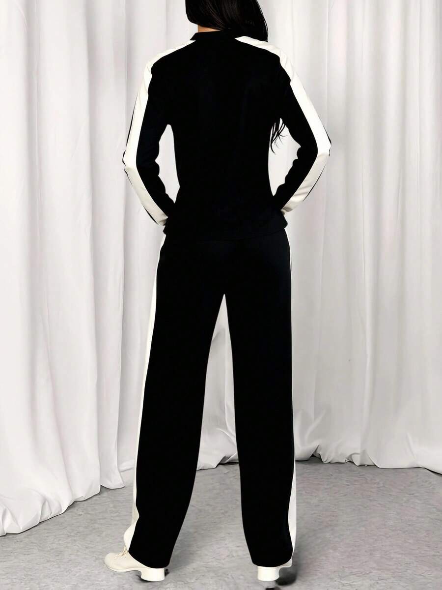 Conjunto de dos piezas para mujer, top de manga larga y pantalón, estilo casual y versátil. - Negro - Ver 1