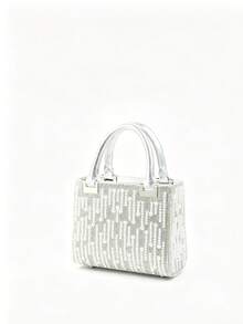 奢华水晶珍珠点缀手拿包，优雅女士晚宴手提包，多功能单肩/斜挎方形包 - 銀色 - 查看 6