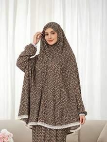 Bộ trang phục cầu nguyện Hồi giáo 2 món gồm Khimar và Abaya họa tiết hoa, áo choàng dài Abaya kết hợp với khăn trùm đầu in họa tiết cùng màu, trang phục thường ngày thiết yếu cho hoạt động ngoài trời, áo choàng Abaya dành cho nữ. - Nhiều màu - Xem 5