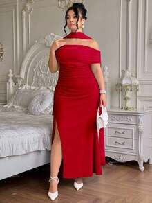 Roveilla Vestido elegante y fluido con hombros descubiertos, abertura y espalda descubierta para fiesta, talla grande para mujer - Rojo - Ver 5