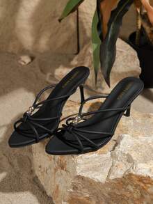 Giày sandal cao gót mũi nhọn khóa kim loại thời trang mới, kiểu dáng tối giản thanh lịch, dễ xỏ, thoải mái cho mùa hè và hoạt động ngoài trời. - màu đen - Xem 2