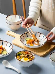 四件套条纹陶瓷餐盘，7.2英寸，手绘条纹装饰，适用于烤箱和微波炉，适合家庭、餐厅，盛放沙拉、牛排、甜点和面包。 - 彩色 - 查看 5