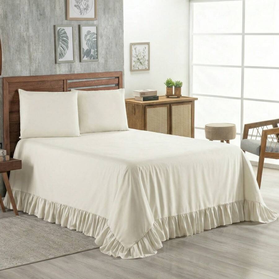 Laila Queen Size 400 Thread Count Quilt Set With Ruffle, 3 Pieces, Micropercal - Ivory - View 1