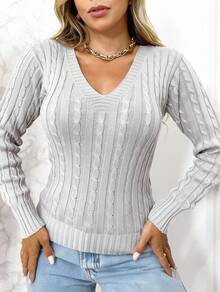 Women's Knitted Sweater With A V-Neck, Long Sleeves, And Regular Length With Slight Stretch. - Light Grey - View 2