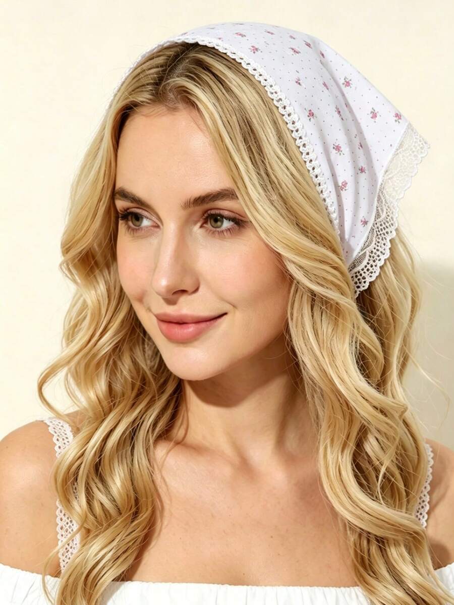 1pc Women's Minimalist Floral Lace Trim White Triangular Scarf Headband, Suitable For Daily Wear, Spring/Summer, Beach Vacation,Festival,Party - White - View 1