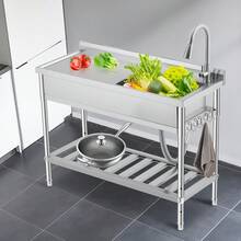 Lavabo utilitario independiente de acero inoxidable – Con uno o dos tazones y grifo – Tablero de drenaje, estantes de almacenamiento, patas ajustables a prueba de óxido – Para restaurante, cocina, lavandería, uso interior y exterior - Plataforma izquierda, tazón individual derecho - Ver 6