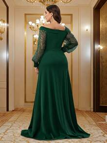 BluePlum Đầm dạ hội dáng chữ A cổ không đối xứng, tay lồng đèn xuyên thấu đính sequin, phối vải mờ và voan lưới, phong cách sang trọng, size lớn cho đám cưới, phù dâu và tiệc tùng - Màu xanh lá cây đậm - Xem 4