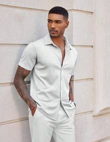 Men's Casual Non-Iron Shirt Short Sleeve Button Summer Stretch Formal Shirt - 黑點白 - 查看 3