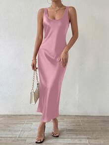 Women Summer Satin Silky Tank Dress Sleeveless Scoop Neck Loose Long Maxi Sundress Soft Lightweight Spring Holiday Beach Daily Party Dresses - 粉色 - 查看 4
