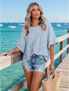Women's Casual Polyester T-Shirt With Asymmetrical Neck, Half Sleeve, Drop Shoulder, And Exposed Seam Details, Regular Length, Slight Stretch Fabric - 藍色 - 查看 2