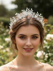 1PC Handmade Royal Style Cluster Faux Pearl Tiara, Elegant Silver Leaf & Rhinestone Wedding Crown, 3.54 Inch High Puffy Headband With Hair Combs For Brides & Prom,Handmade Floral Bridal Tiara With Faux Pearls & Rhinestones, Elegant White Flower Wedding Hair Comb, Romantic Hair Accessories For Brides And Bridesmaids,Festival,Birthday - Silver - View 11